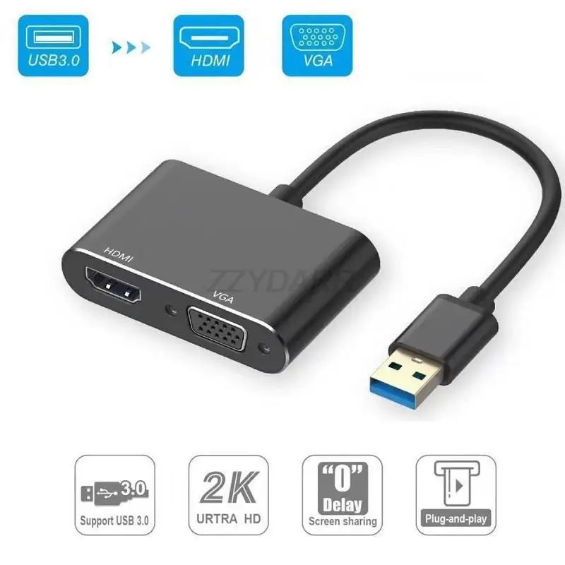 USB 3.0 až HDMI VGA Adapter Converter 1080p HDMI a VGA Sync Output pre počítačový notebook na monitorovanie/TV displej s duálnou obrazovkou