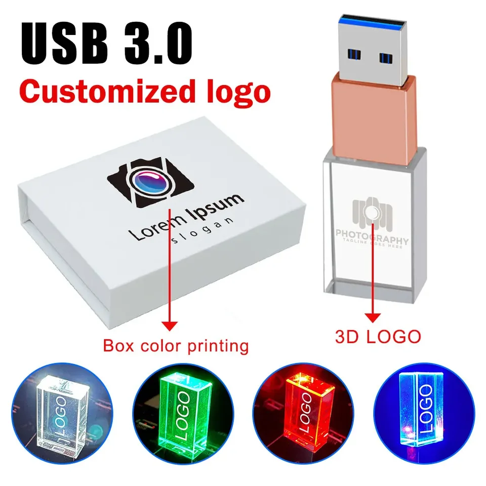 USB 3.0 Nové bezplatné bezplatné logo Crystal Memory Flash Drive s boxom 4 GB 8 GB 16 GB 32 GB 64 GB 128 GB USB Flash Drive Svadobné darčeky