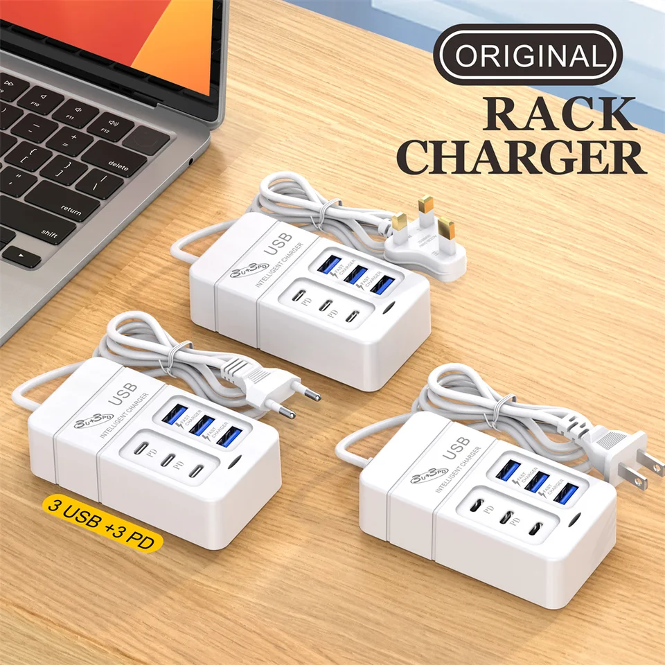 USB 35W Type C 6 Porty Power Strip Stript USB Splitter Fast Charger Phone Nabíjací adaptér pre iPhone Xiaomi Samsung Eu/US Plug