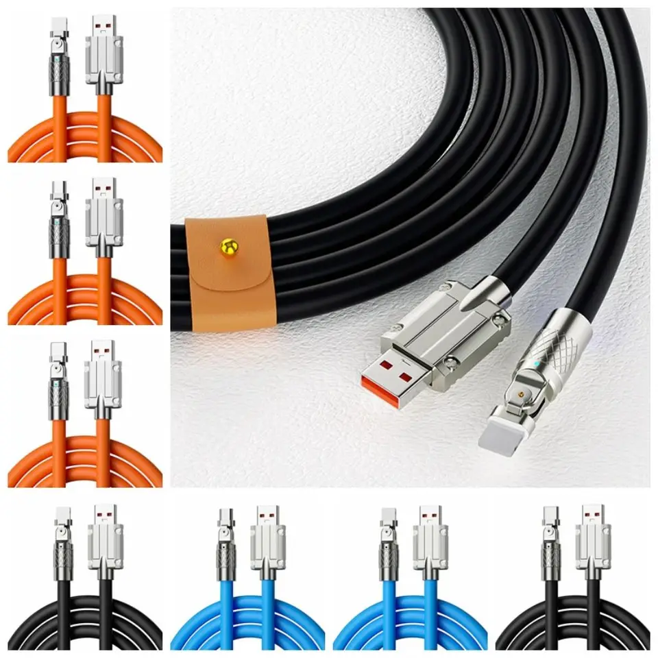 USB A 180 -stupňový silikónový dátový kábel IOS/Typ C/Micro USB 120W Silikónový nabíjací kábel so svetlom