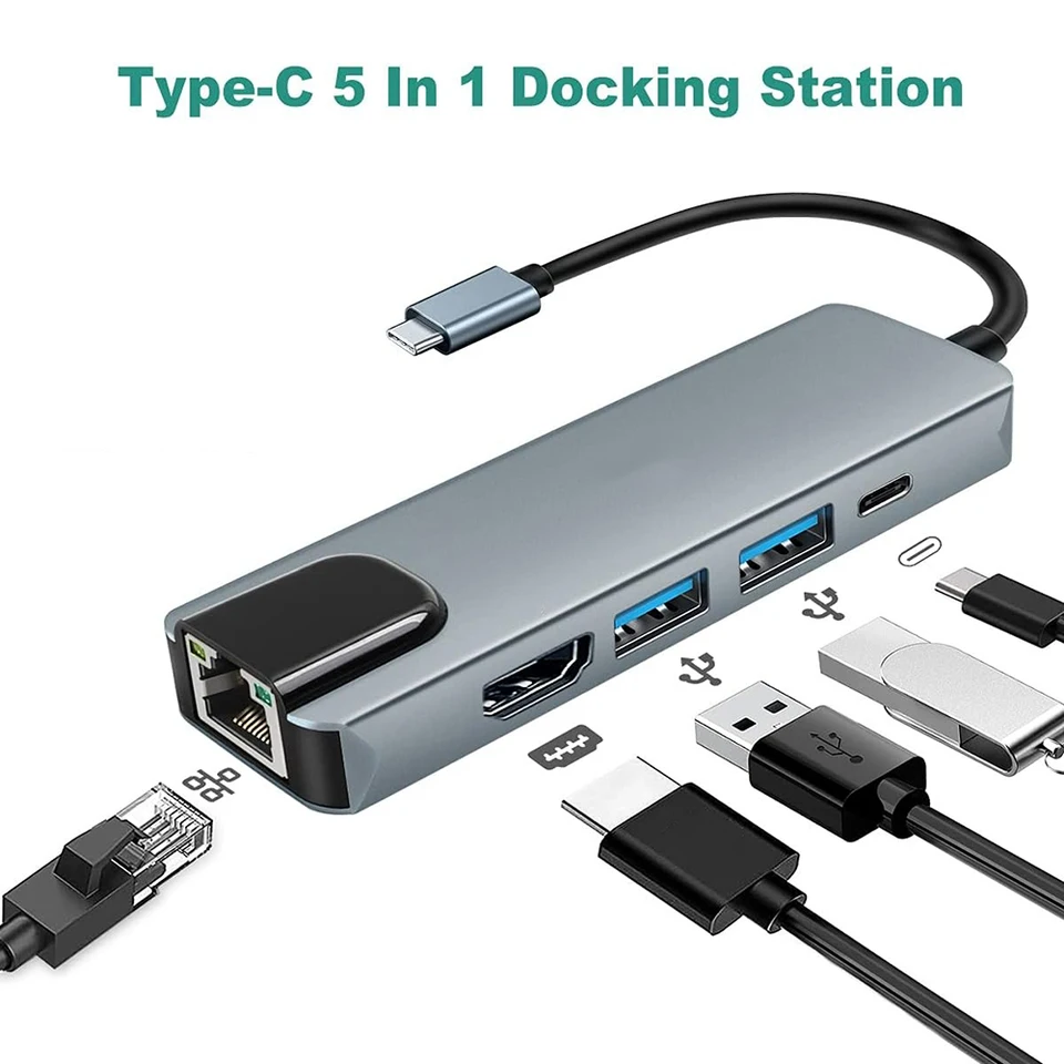 USB C 5in1 Docking Station Hub Type-C ThunderBolt3 až 4K HD Displej USB 3,0 100 Mb / s Ethernet RJ45 LAN PD Nabíjací port Splitter