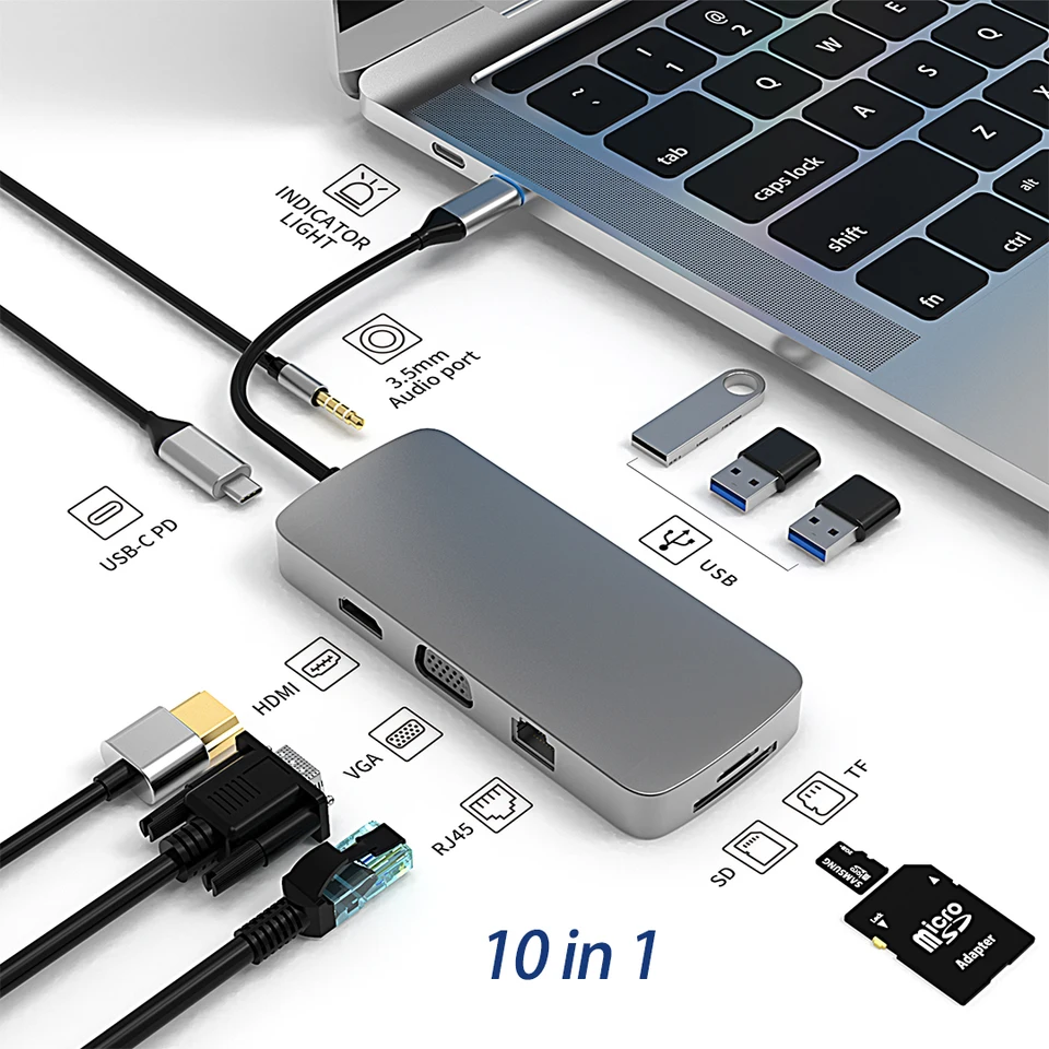USB C Hub 4K 30Hz Typ C až HDMI kompatibilný adaptér USB 3.0 10 v 1 typu C Hub Dock PD 87W USB C Splitter pre MacBook Pro Air