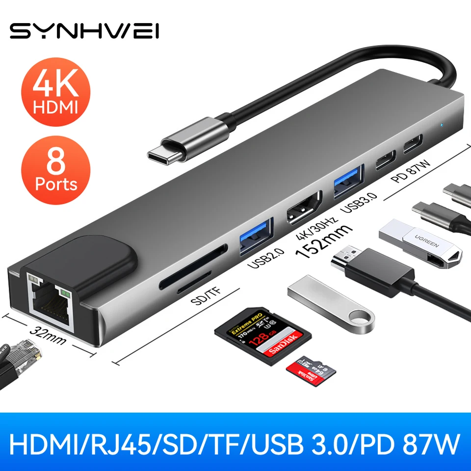USB C Hub so 4K HDMI 100W PD USB C port USB 3.0 RJ45 Ethernet SD/TF Dokkačná stanica na čítanie kariet 4/5/6/8