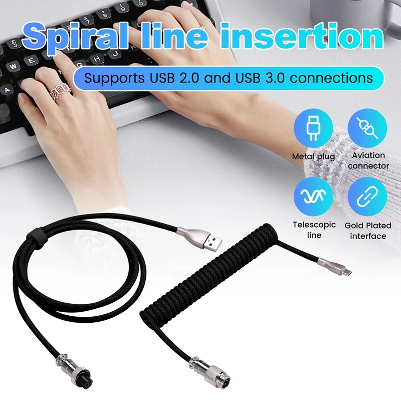 USB C stočený kábel klávesnice Pletel mechanický kábel klávesnice s odnímateľným kovovým leteckým káblom 1,5 m USB-C až USB-A čierny