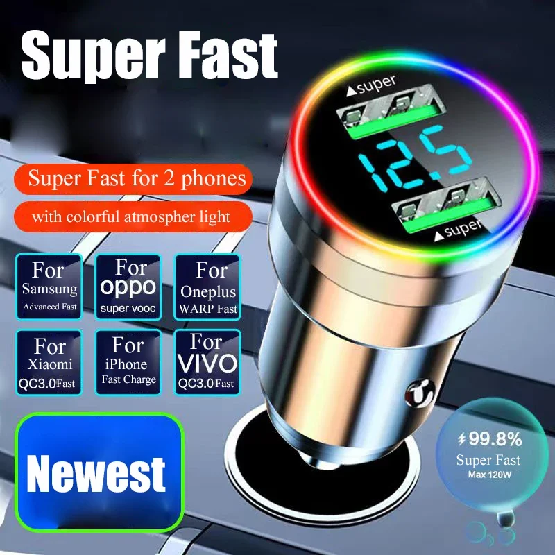 USB Car Charger 300 W Dual Port Super rýchle nabíjacie adaptér vozidla s monitorom LED ľahkého napätia pre Huawei Oppo iPhone Samsung