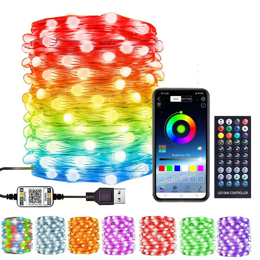 USB inteligentné vianočné víly String Lights 20M 200 LED APP ProgramMBALE RGB Copper Wire Fairy Light Dúha vianočné stromy Twinkle Light