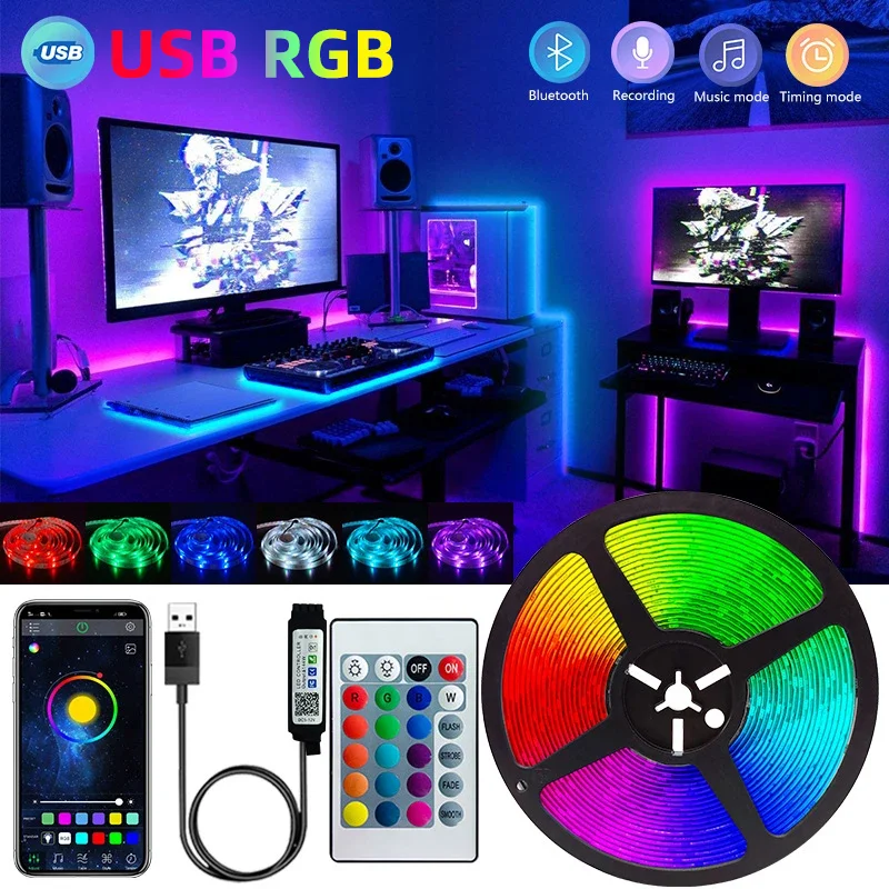 USB LED pásik Light Bluetooth RGB 5V 1M-30M RGB svetlá Flexibilné lampa LED lampa páska Ribbon TV TV Desktop Diode Tape Diode Tape