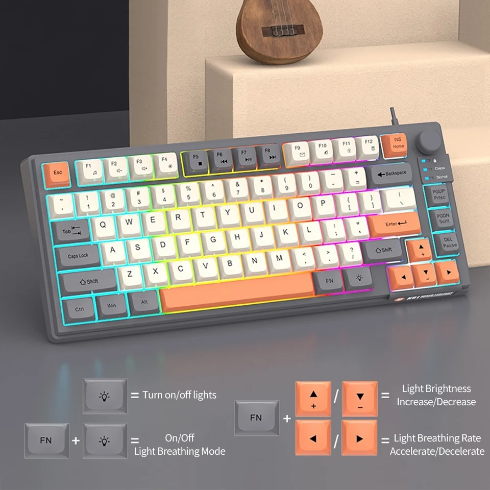 USB Mini Slim Mechanical Gaming Wired Keyboard 81 Klávesové rozloženie s 3 farbami kľúčové kĺby pre počítač