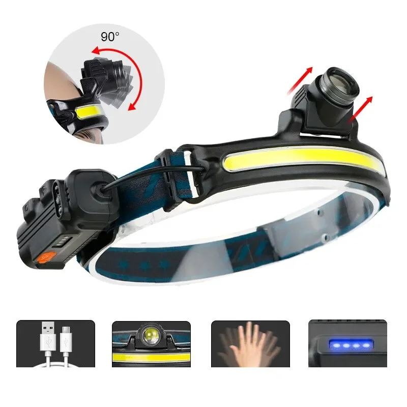 USB nabíjateľná indukčná svetlomet Zoom COB LED LED LAMP Vstavaná batéria Multifunkcia 6 režimov hlavy HEAD TORCH