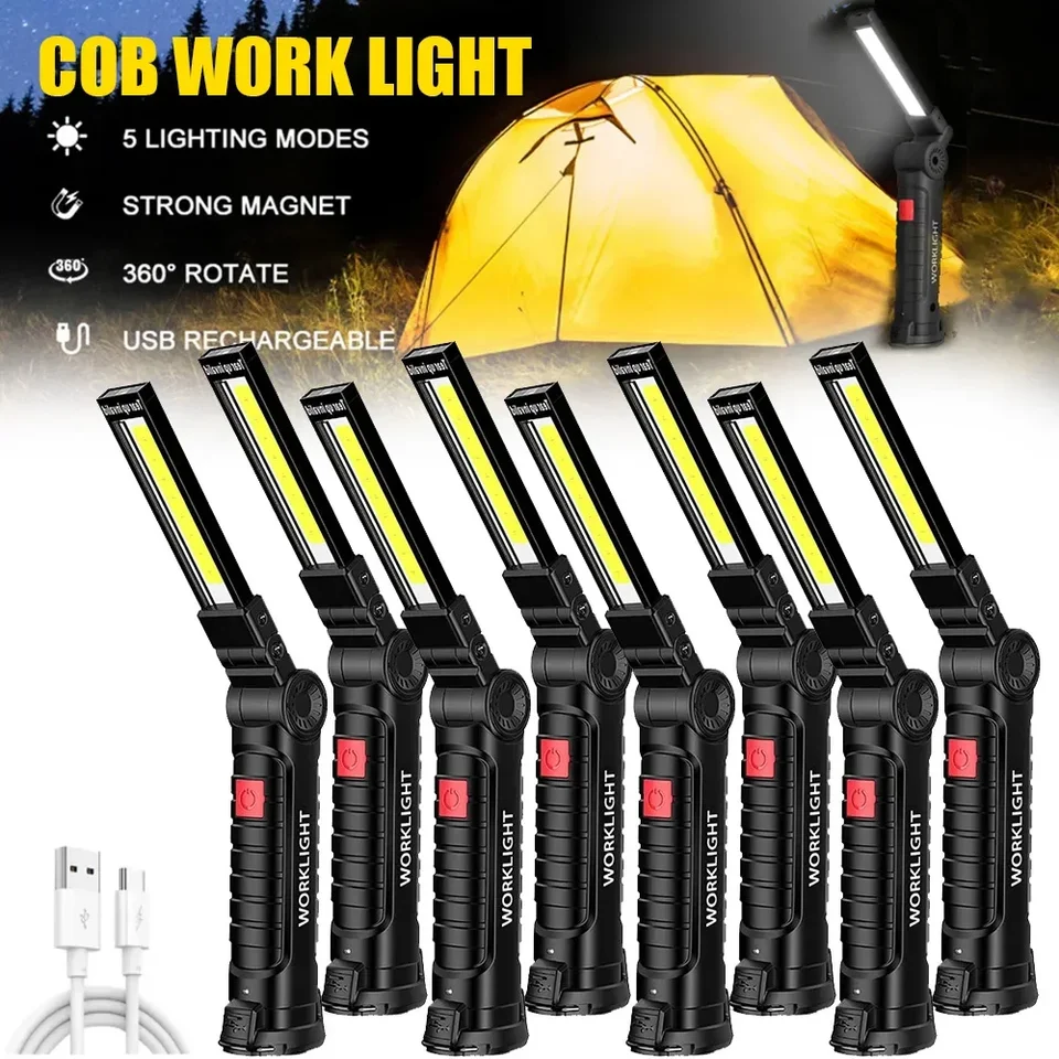 USB nabíjateľné kempingové LED baterka Pracovné svetlo s magnetom a háčikom IP64 nepremokavé 5 osvetľovacích režimov vhodných pre nočnú prácu