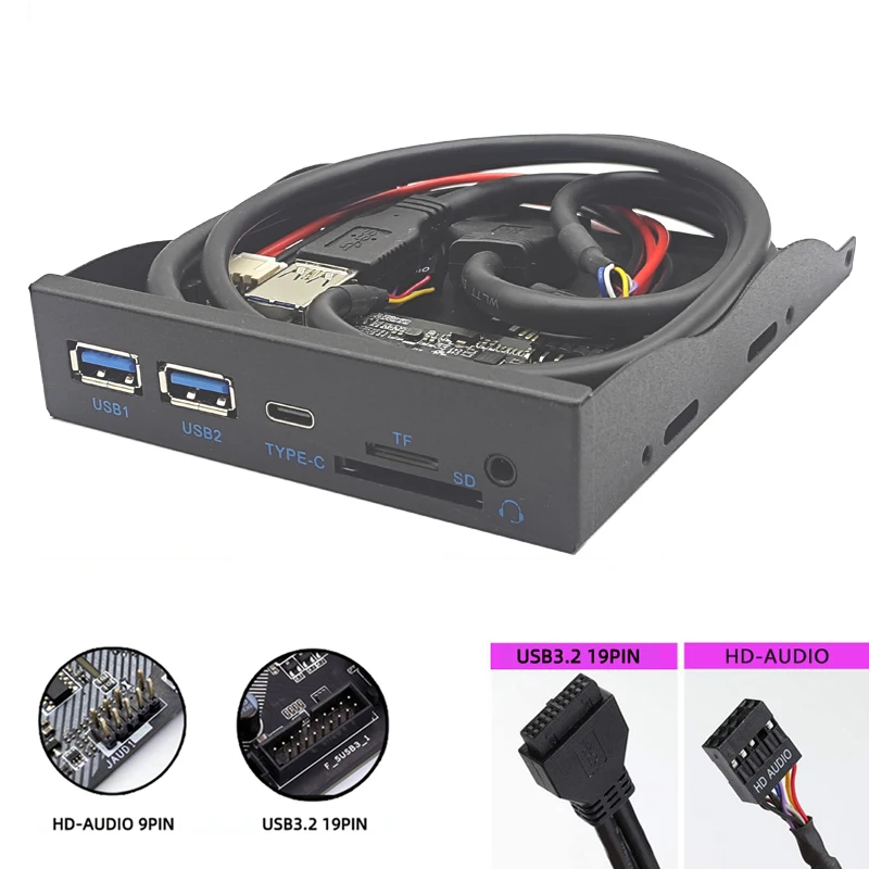 USB predný panel Hub 5 Gbps 2 x USB3.0 + 1 x Typ-C + TF/SD + HD Audio 3,5 mm adaptér mikrofónu slúchadla pre stolnú plochu 3,5 