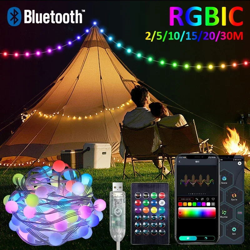 USB RGBIC Fairy String Light s aplikáciou Bluetooth a diaľkovým ovládaním LED osvetľovacie reťazce nepremokavé PVC drôty vianočné večierky DIY