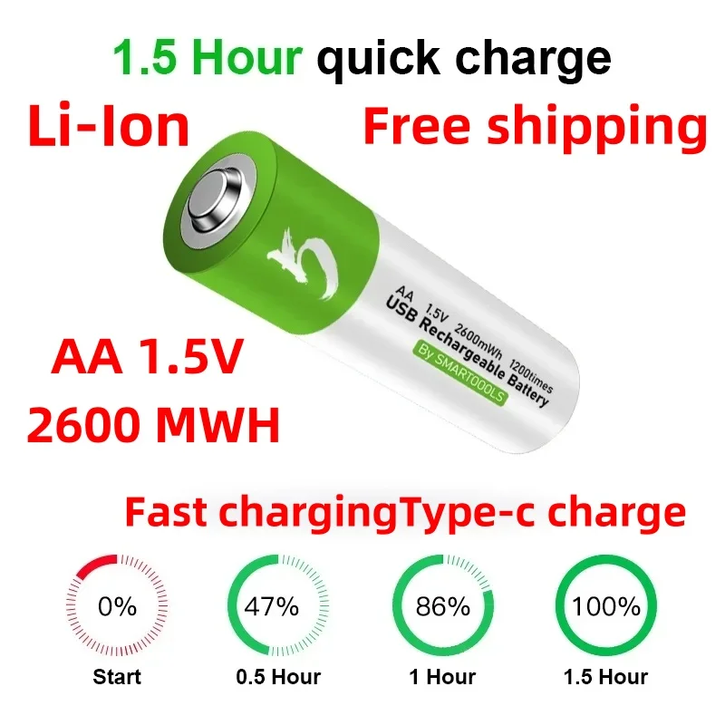 USB rýchle nabíjanie lítium-iónovej batérie, AA 1,5V 2600MWH, lítium-iónová batéria, hodinky hračiek, prehrávač MP3, klávesnica, myš, elektrická hračka