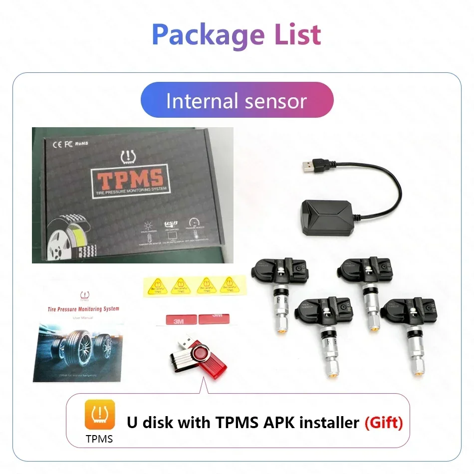 USB TPMS Systém monitorovania alarmov pre pneumatiky pre pneumatiky pre vozidlo Externý snímač interného snímača vozidla Android