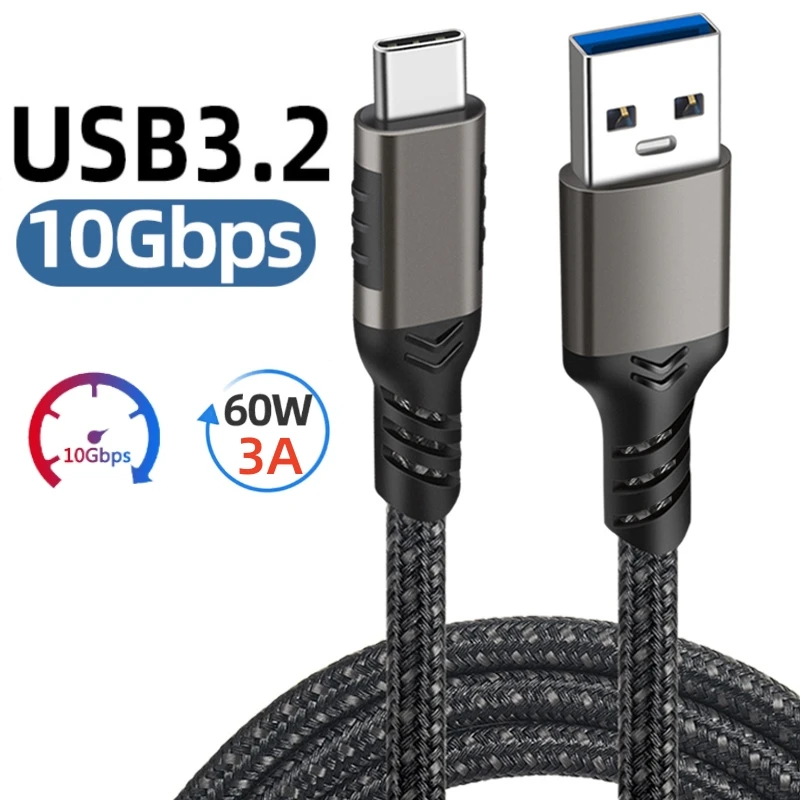 USB3.1 Gen2 10 Gbps kábel USB A to Type-C kábel 3A 60W QC3.0 Rýchle nabíjanie pre Samsung NVME Pevný disk Externý dátový kábel Android Data Android
