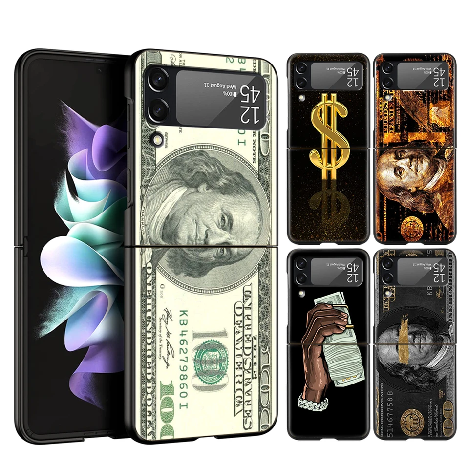 USD Dollar Cash Luxury Hard PC Pase Pase pre Samsung Galaxy Z Flip 6 5 4 Čierny kryt pre Galaxy Z Flip 3 Sloble Shock odolný