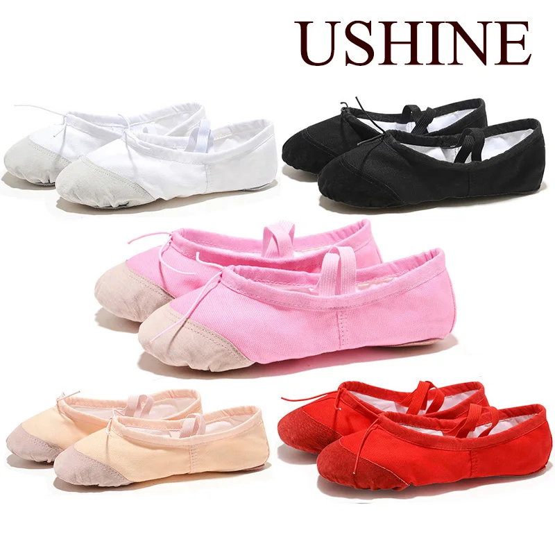 Ushine Pink Black Girls Ballerinas Canvas Soft Sole Balet Dance Plippers Detský tréning ballerinas žena tanečné topánky