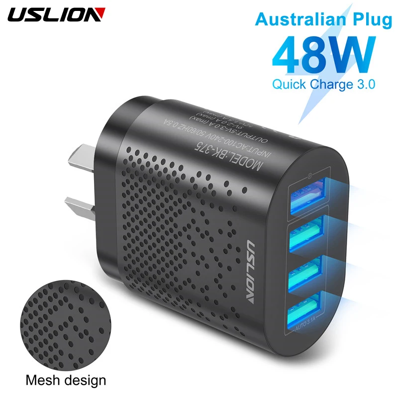USLION AU 48W 4 Ports Charger Travel Fast Charger USB Typ C Rýchla nabíjačka Austrálska nabíjačka mobilného telefónu pre iPhone Sony