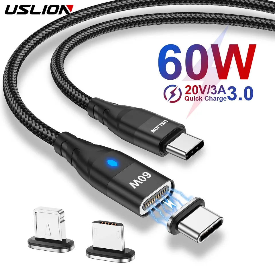 Uslion PD 60W Magnetický kábel rýchlej nabíjačky pre iPhone 15 14 Pro Xiaomi 13 USB C k mikro alebo typu C Dátový drôt pre notebook MacBook