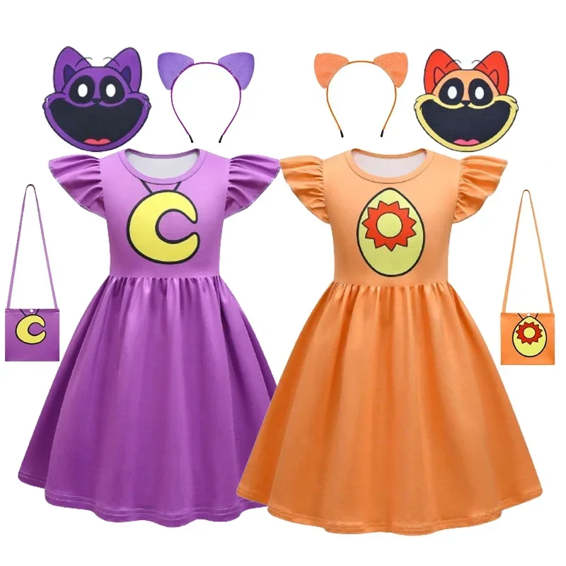 Usmievavé kritériky deti fialové mačacie šaty karikatúra úsmev Catnap Dievčatko Sundress tašky deti Kosplay kostým Cosplay
