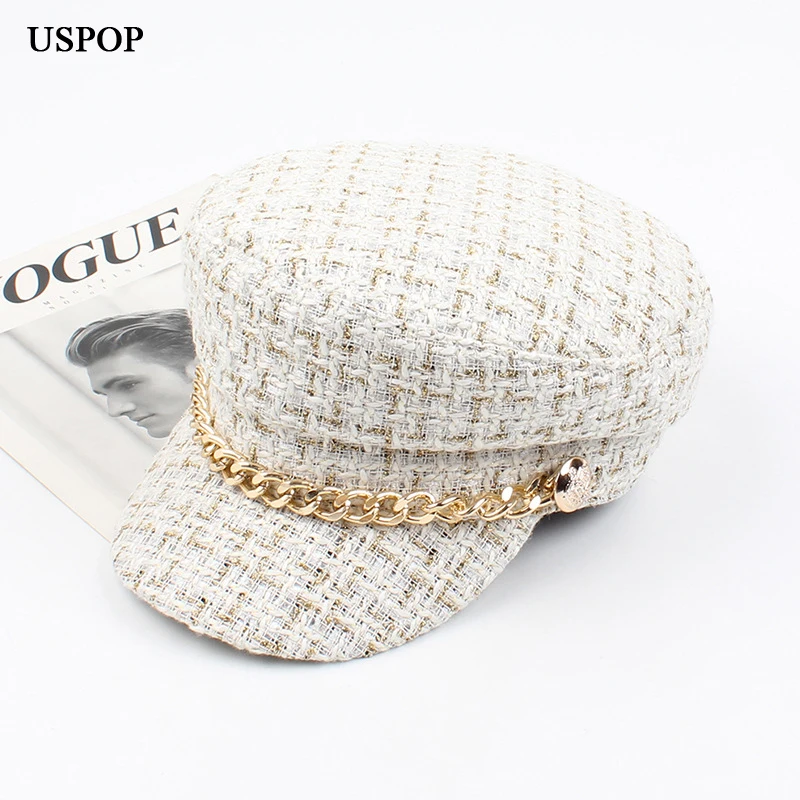 USPOP Nové dámske klobúky Tweed Plaid Plaid Caps Caps Chain Plochá špičková čiapka Vintage Plaid Plaid Cap Žena Jesenné zimné klobúky