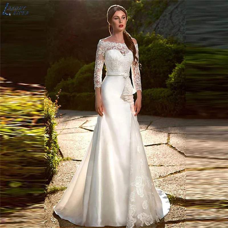 Usporiadanie NiceB Vintage s dlhými rukávmi čipka Mermaid Svadobné šaty nevesta Satén Svadobné šaty elegantné plus veľkosť vlastné Vestido de Novia