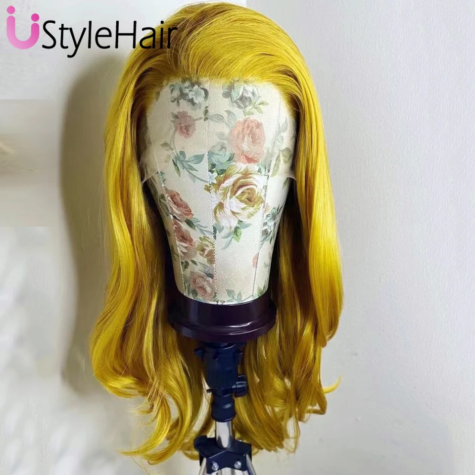 Ustylehair žltá dlhá prírodná vlna parochňa pre ženy prírodná vlasová vlasová syntetická čipk