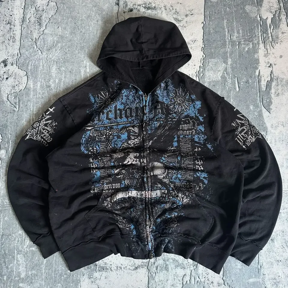 Utrpenie mikina y2k nová retro gotická vzorka nadmerná nadmerná zipsová mikina Men Ženy hip hop ležérne mikina osobnosť Streetwear