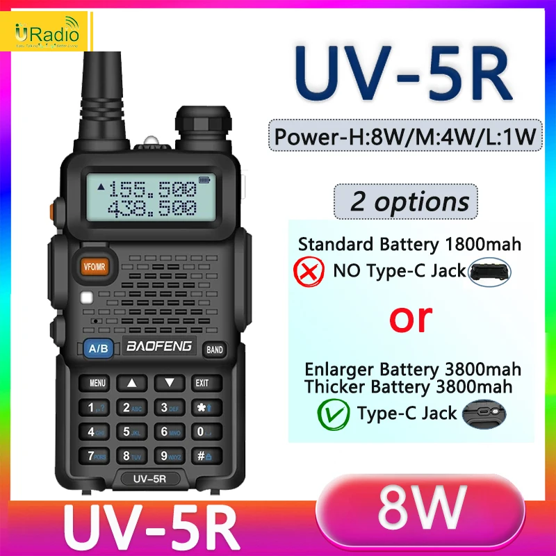 UV 5R 8W 5W Baofeng Walkie Talkie Dual Band VHF UHF FM Two Way Radios 1800/3800MAH USB TYP-C 1HANDHELD TRESCEIVER Hunting 16 km