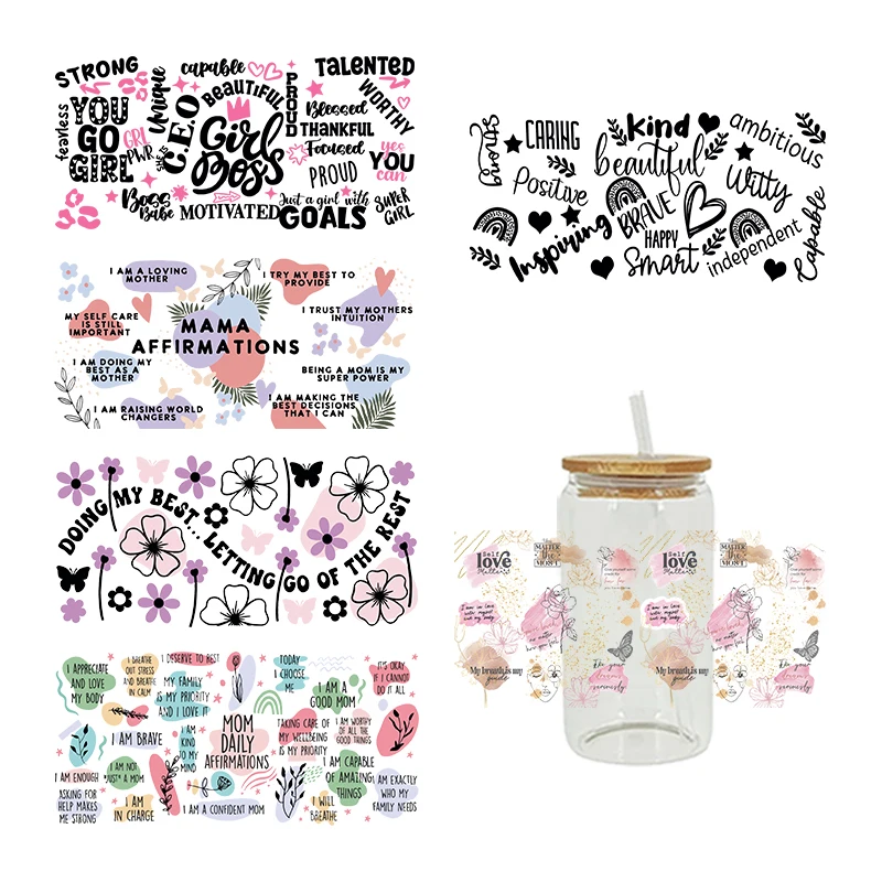 UV DTF Girl Boss Mom Denné potvrdenie nálepiek pre 16oz okuliare Libbey Omaty fľašky Cup Can D4127