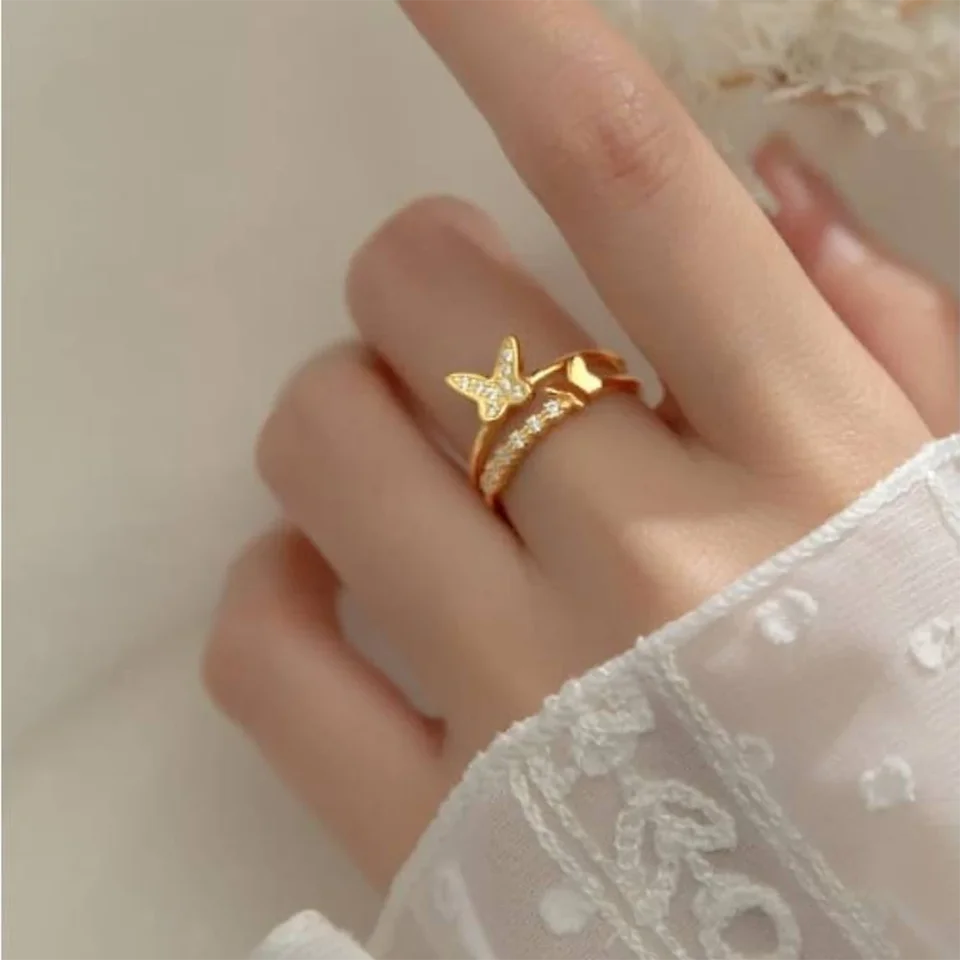Uworld 18k zlatá z nehrdzavejúcej ocele Double Butterfly Rinestone Ring výročie darček dámy Glamies Príslušenstvo