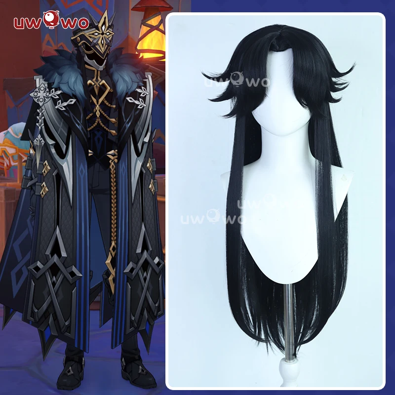 Uwowo Capitano parochňa Game Genshin náraz capitano fatui Harbingers il Capitan cosplay parochňa čierne vlasy dlhé vlasy Halloween parochňa