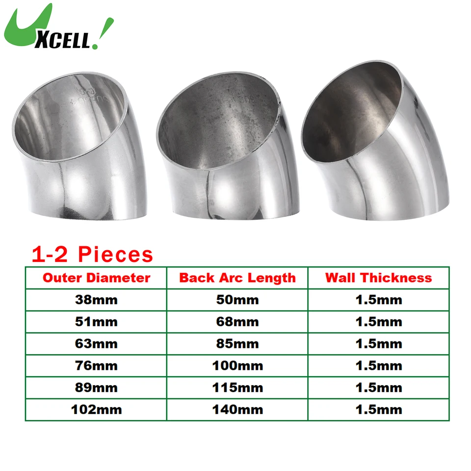 Uxcell 1/2 ks 38 51 63 76 89 102 mm OD 45 stupňov výfukových lakťov lakťová potrubia Mandrel Ohyb lakpe SS304 Nerezová trubica z nehrdzavejúcej ocele