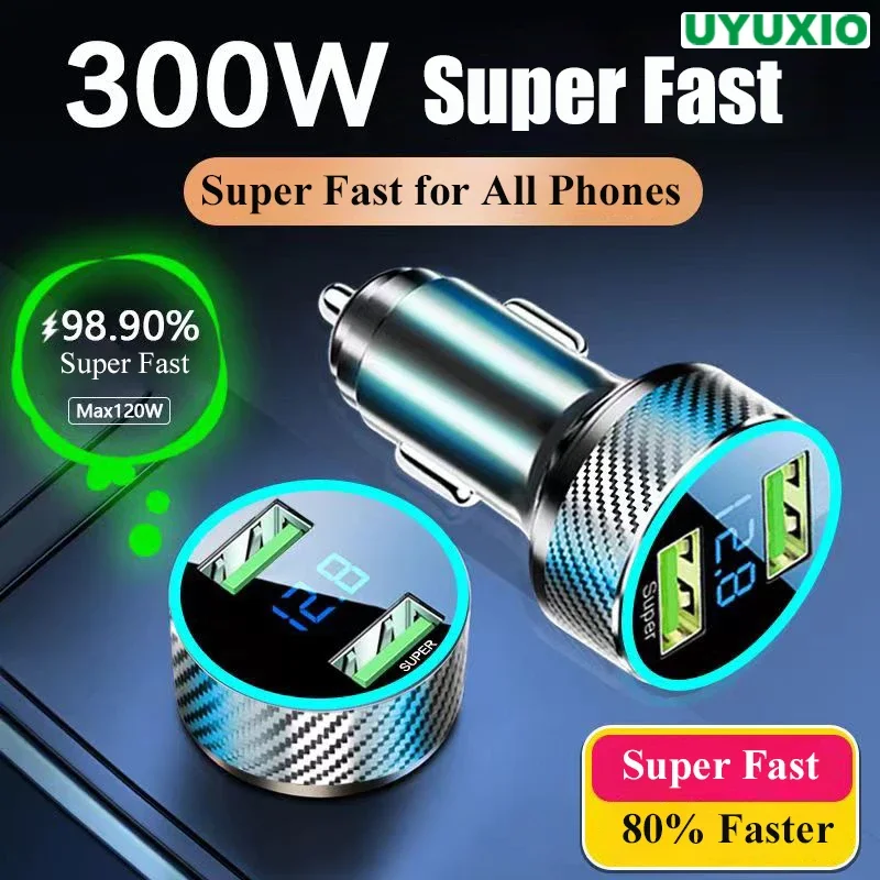 UYUXIO USB Car Phone nabíjačka adaptér s napätím displej super rýchlo v aute pre iPhone 16 15 Pro Max Samsung Android Phone