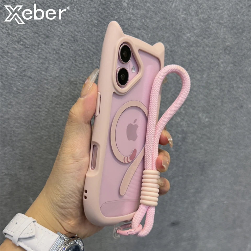 Uši 3D mačky s šnúrkou Clear pre puzdro na telefón Magsafe pre iPhone 14 12 13 15 16 Pro Max Plus bezdrôtové nabíjanie náramkov