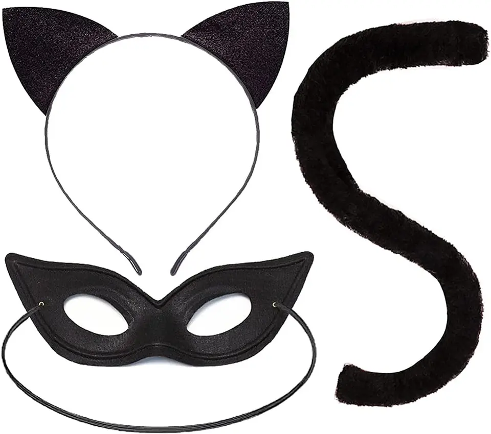 Uši kostýmov Black Cat Cat Cat (dusený chlieb v tvare mačacieho ucha) Tail a kostýmové guľové očné súpravy pre dámy