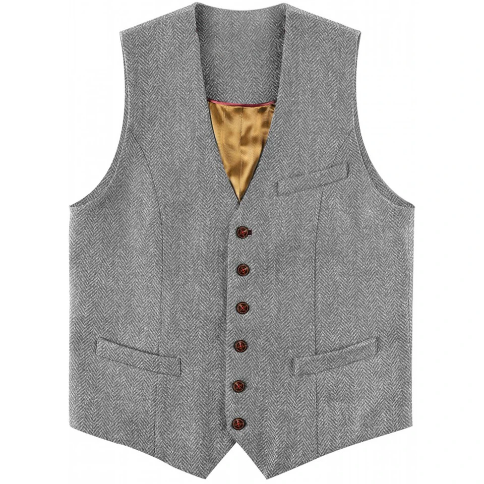 V krk rybie kosť Tweed 3 skutočné vrecko Slim Fit Single Breasted Pánska podnikateľská vesta na svadbu