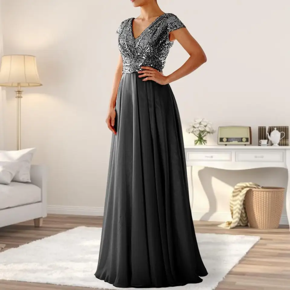 V krk s krátkym rukávom v páse Tesné vysoko káblové maxi šaty elegantné flitre šifónov Preaked lem Stitching Evening Days Femain Clothin