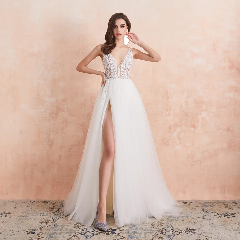 V krku svadobné šaty biele sexy vysoké štiepky korálkové korálkové perly kryštál a čiara bez zadku Svadobné šaty Vestido de noiva