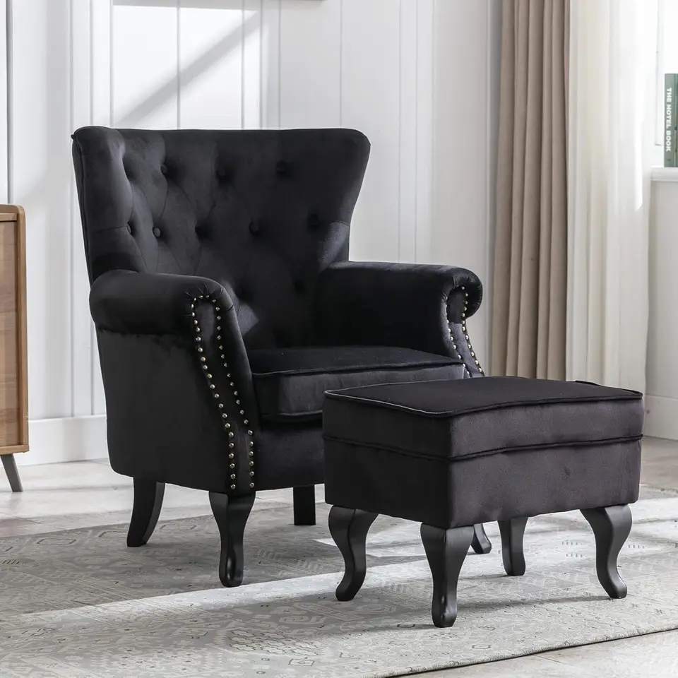 V polovici storočia Moderné prízvukové stoličky Čalúnené kreslo Comfy Velvet Chumen Wingback Single Sofa Čierna vynikajúca kvalita