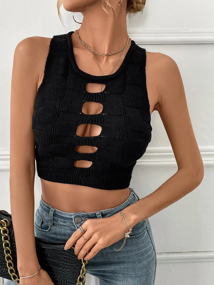 V predaji leto Ženy bez rukávov okrúhly krk Sexy vystrihnuté pletené plodiny top femme s vysokým úsekom duté dutého koketného orezaného tankového oblečenia