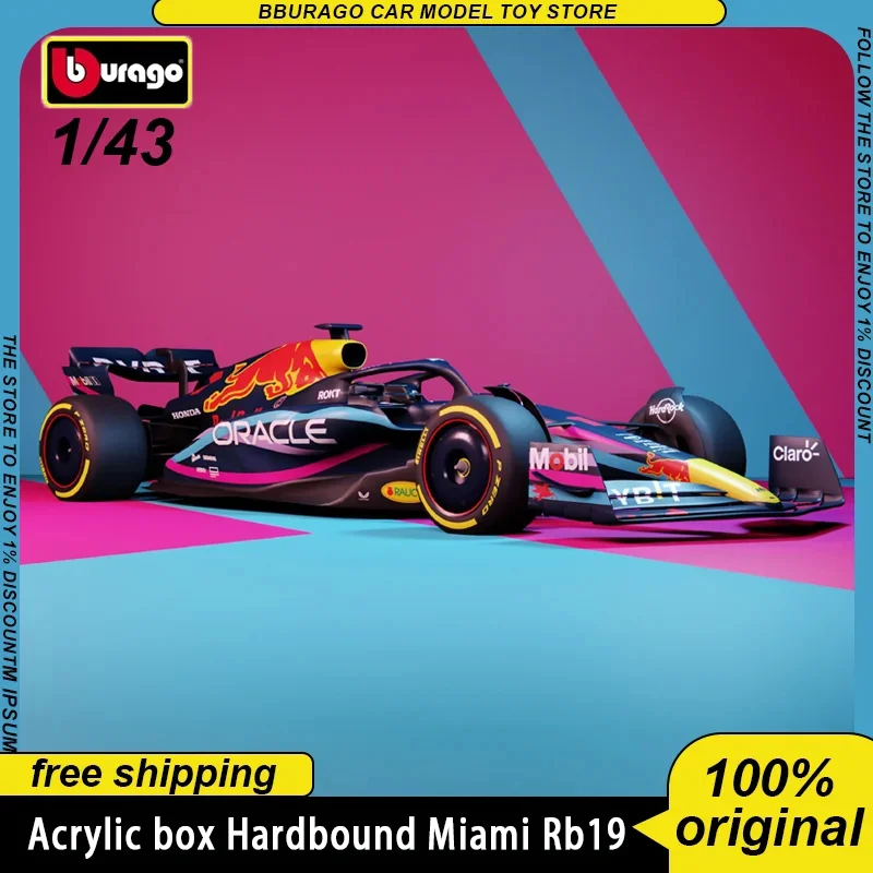 V sklade New Prodcut Acrylic Box 1:43 Bburago Hardbound Version Red Bull RB19 Miami Verzia F1 Car Diecast Model Hračky pre deti darček