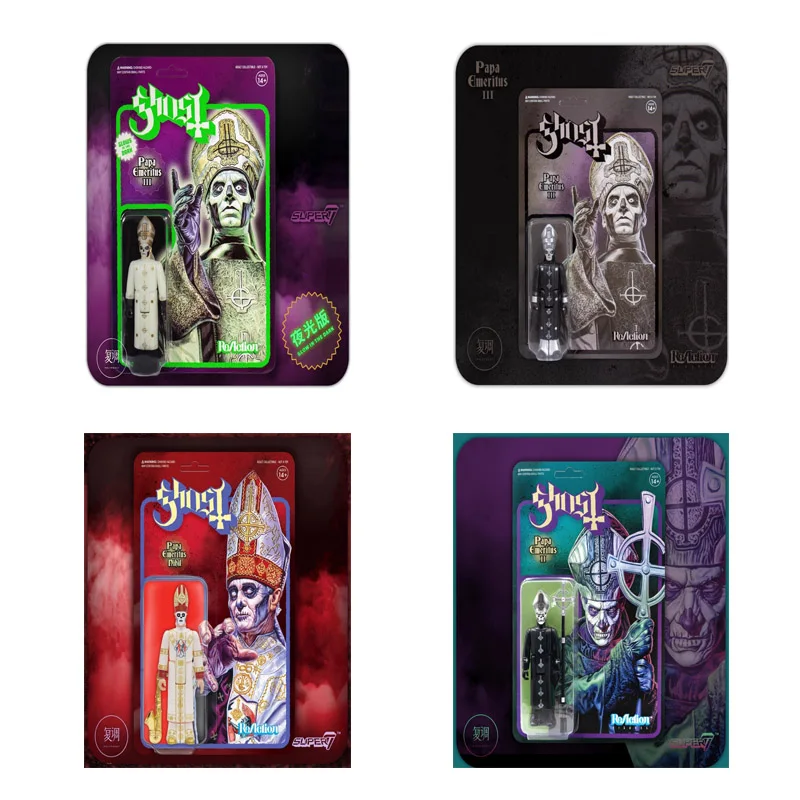 V sklade Super7 3,75 palca Ghost Papa Emeritus Black Gold Series Reakcia Figures PVC Toy Model Collective Halloween Darček