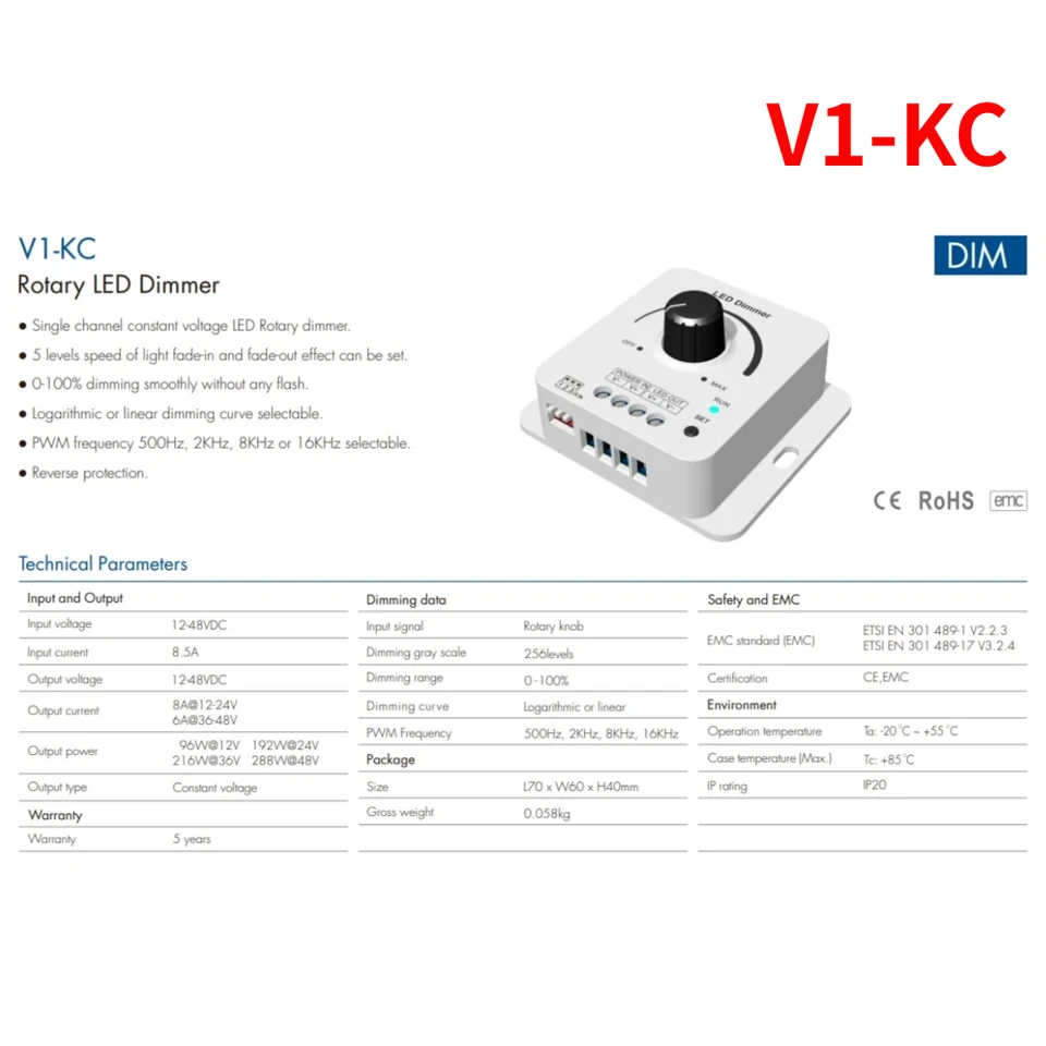 V1-KC 12-48VDC SkyDance Rotary LED stmievanie 1ch*8a 5 úrovne Svetlo Gradient Rýchlosť 0-100% Dlho