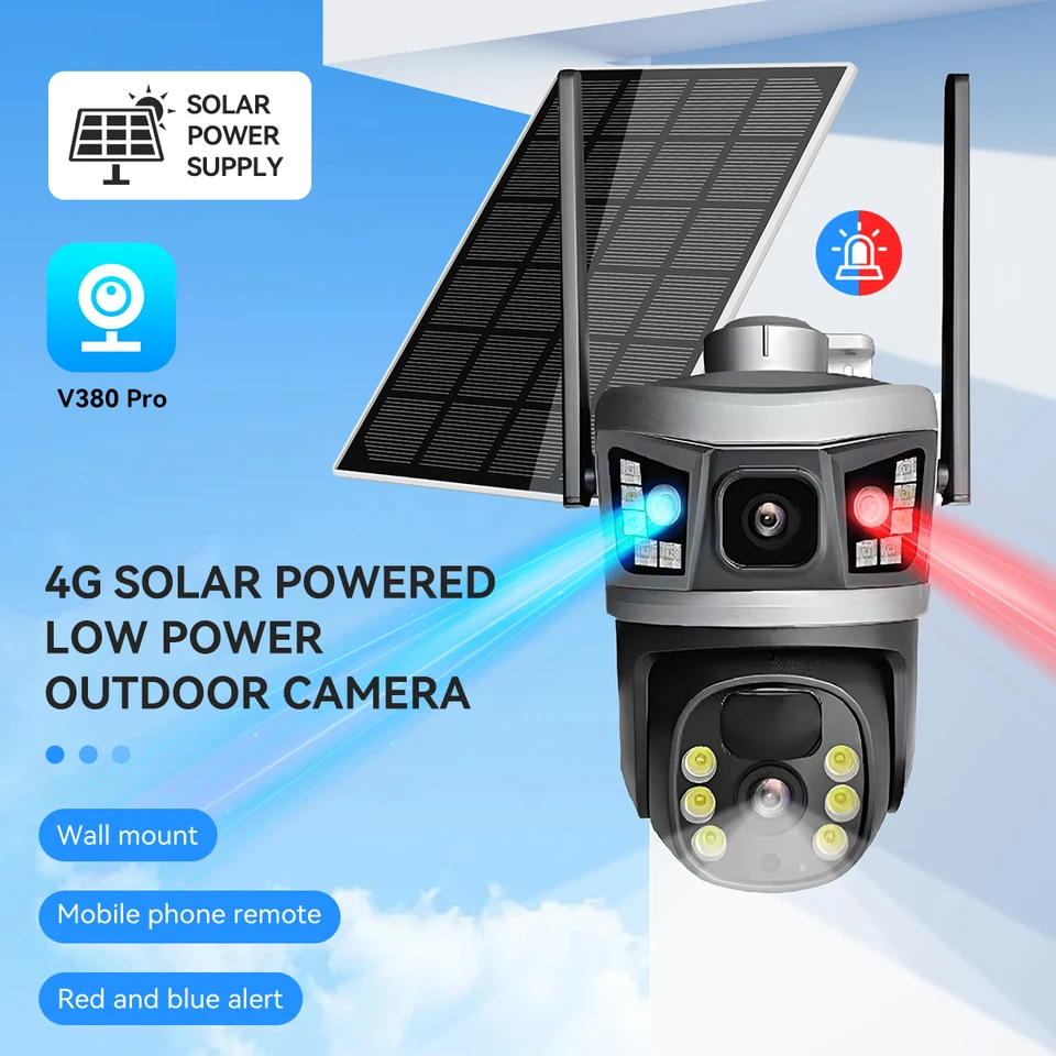 V380 Duálny objektív 4G fotoaparát Solárny PIR Detekcia Human Detection Night Vision Nepremokavé bezpečnostné video IP Camara 8MP 4K Monitor CCTV Monitor CCTV