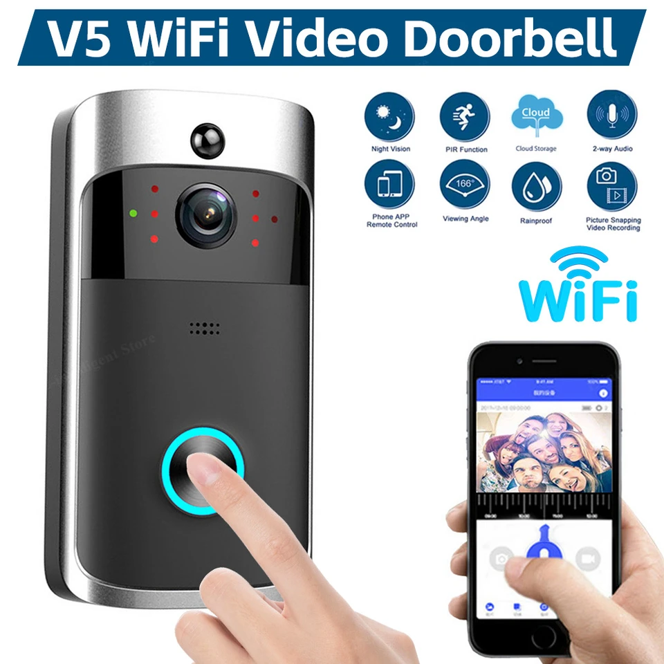 V5 bezdrôtové inteligentné zvončeky Video dvere zvončeka WiFi Night Vision 720p HD HD Indoor Smart Camera Snímanie pohybu s mikrofónom na potlačenie hluku