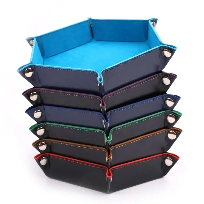 Valcovanie skladacích šesťuholníkov Hexagon Dice Game Storage Tray Pu Koža a zamatový držiak Mat
