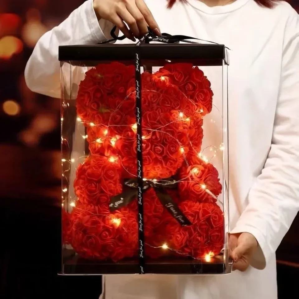 Valentines Day Artificial Teddy Rose Flower Bear s boxom Romantický darček priateľka Matka narodeniny svadobná hostina Deco 25 cm