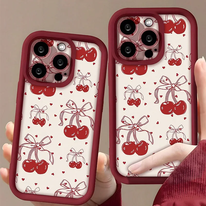 Valentines Nový trendový retro srdcový čerešňový vzor Soft TPU Puzdro pre iPhone 16 Pro Max 15 14 plus 13 12 11 xs x xr 7 8 kryt
