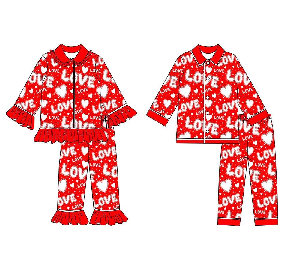 Valentín Boutique Butique Children Pajama Set LaS -Lace Lace Letter Tlačené nohavice Lace Girls Girls Boys Cardigan Button pyžama set